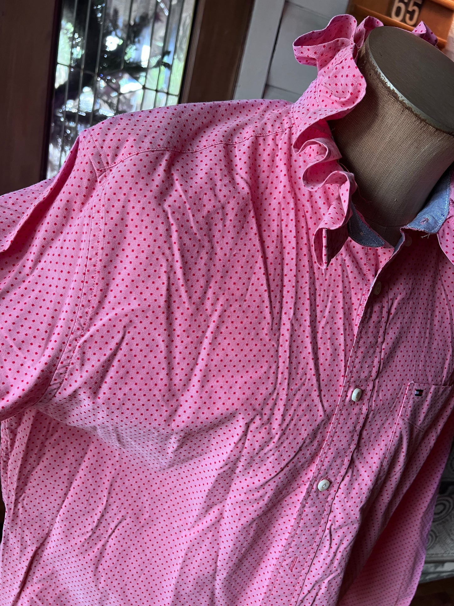Upcycled Men's Shirt Made for Feminine Style and One of a Kind Sophistication - Pink polka dots
