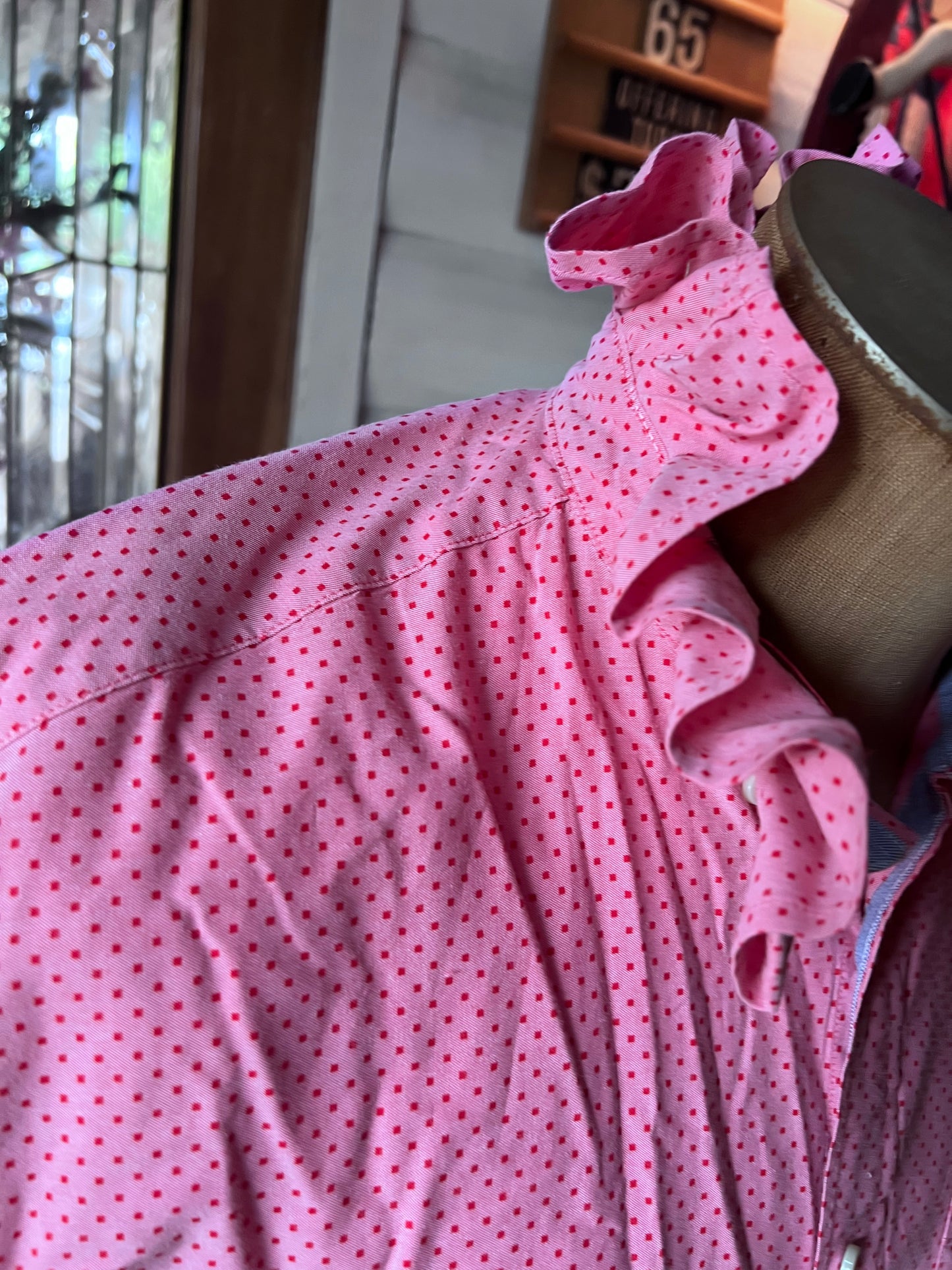 Upcycled Men's Shirt Made for Feminine Style and One of a Kind Sophistication - Pink polka dots
