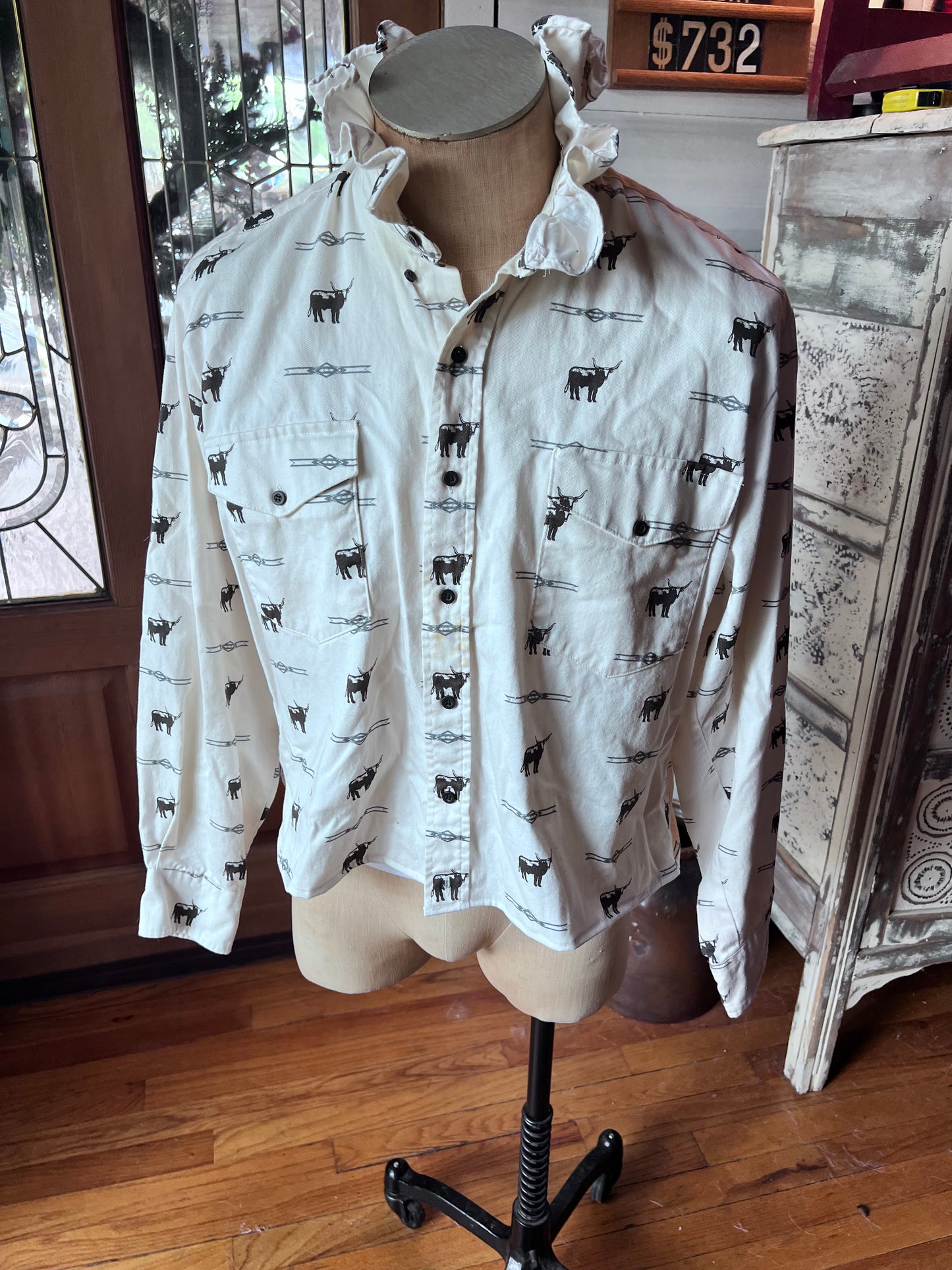 Upcycled Men's Shirt Made for Feminine Style and One of a Kind Sophistication - Long Horn