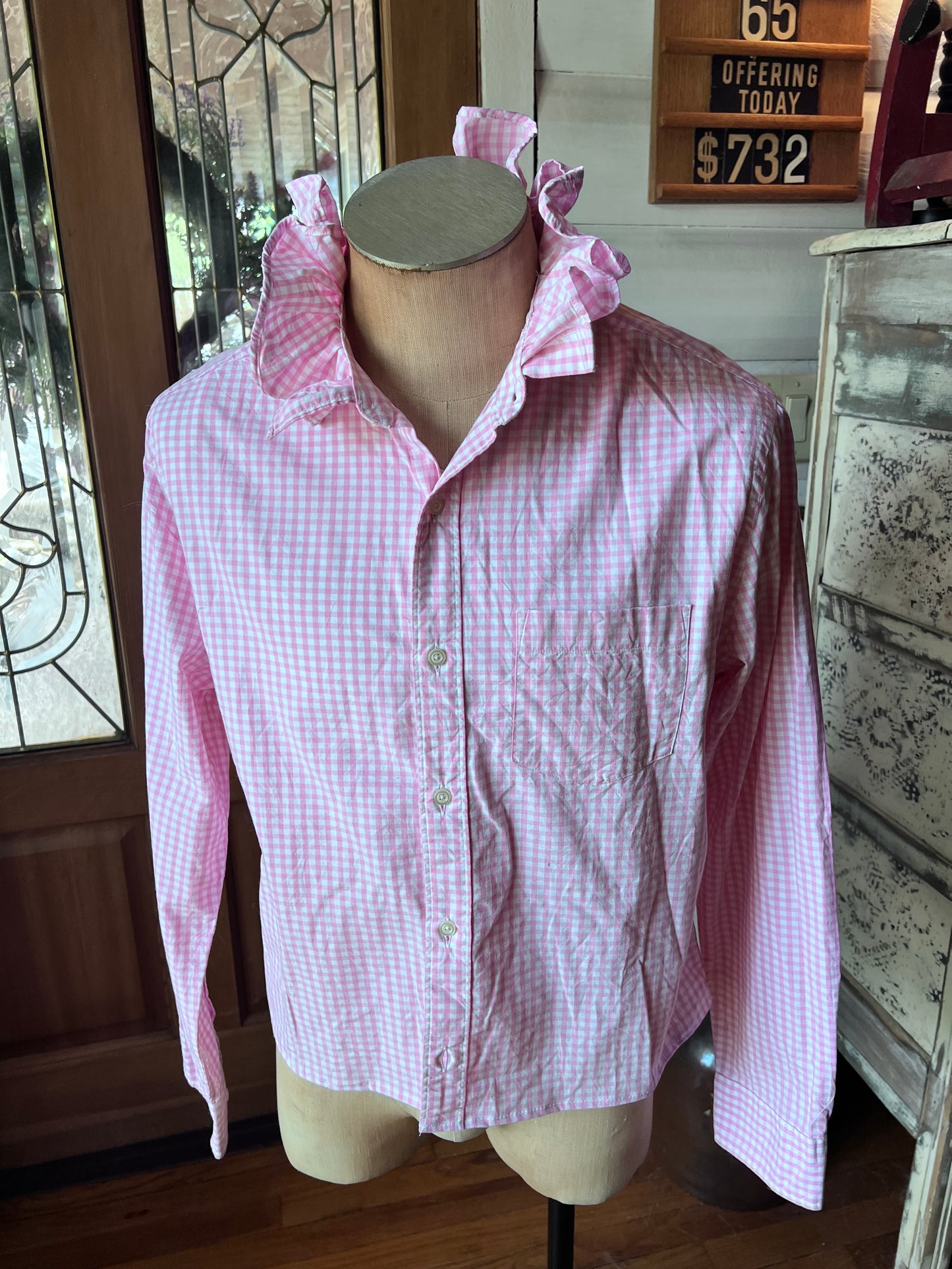 Upcycled Men's Shirt Made for Feminine Style and One of a Kind Sophistication - Pink gingham
