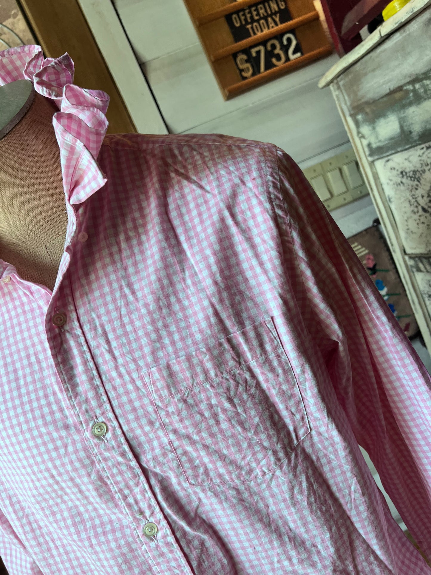 Upcycled Men's Shirt Made for Feminine Style and One of a Kind Sophistication - Pink gingham
