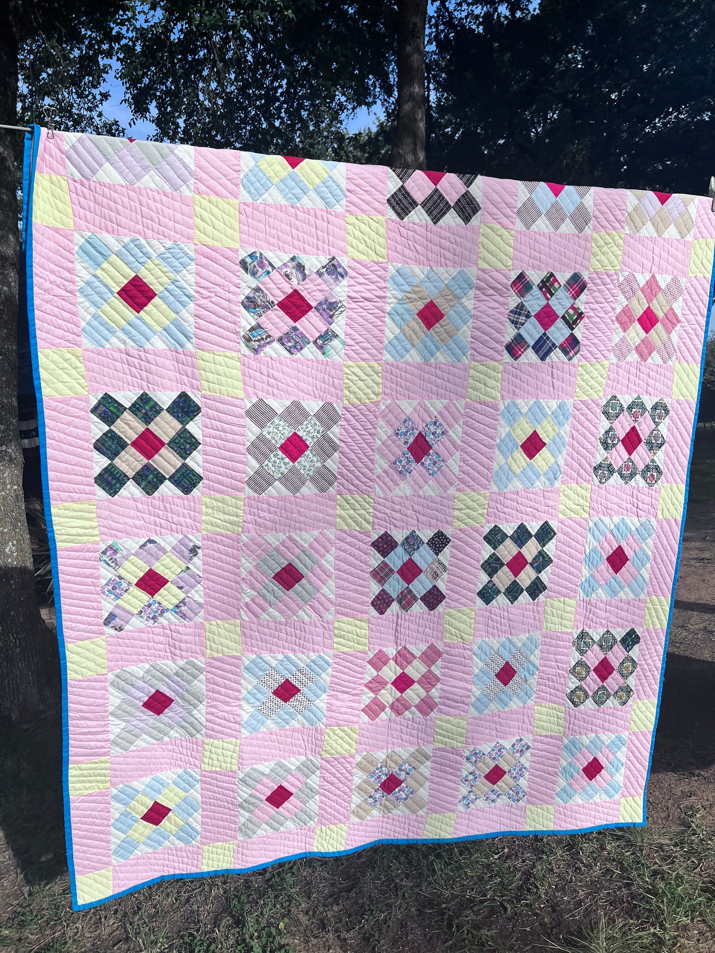 Gloriously Vibrant Vintage Single Irish Chain Quilt - Hand quilted, stitched and bound!