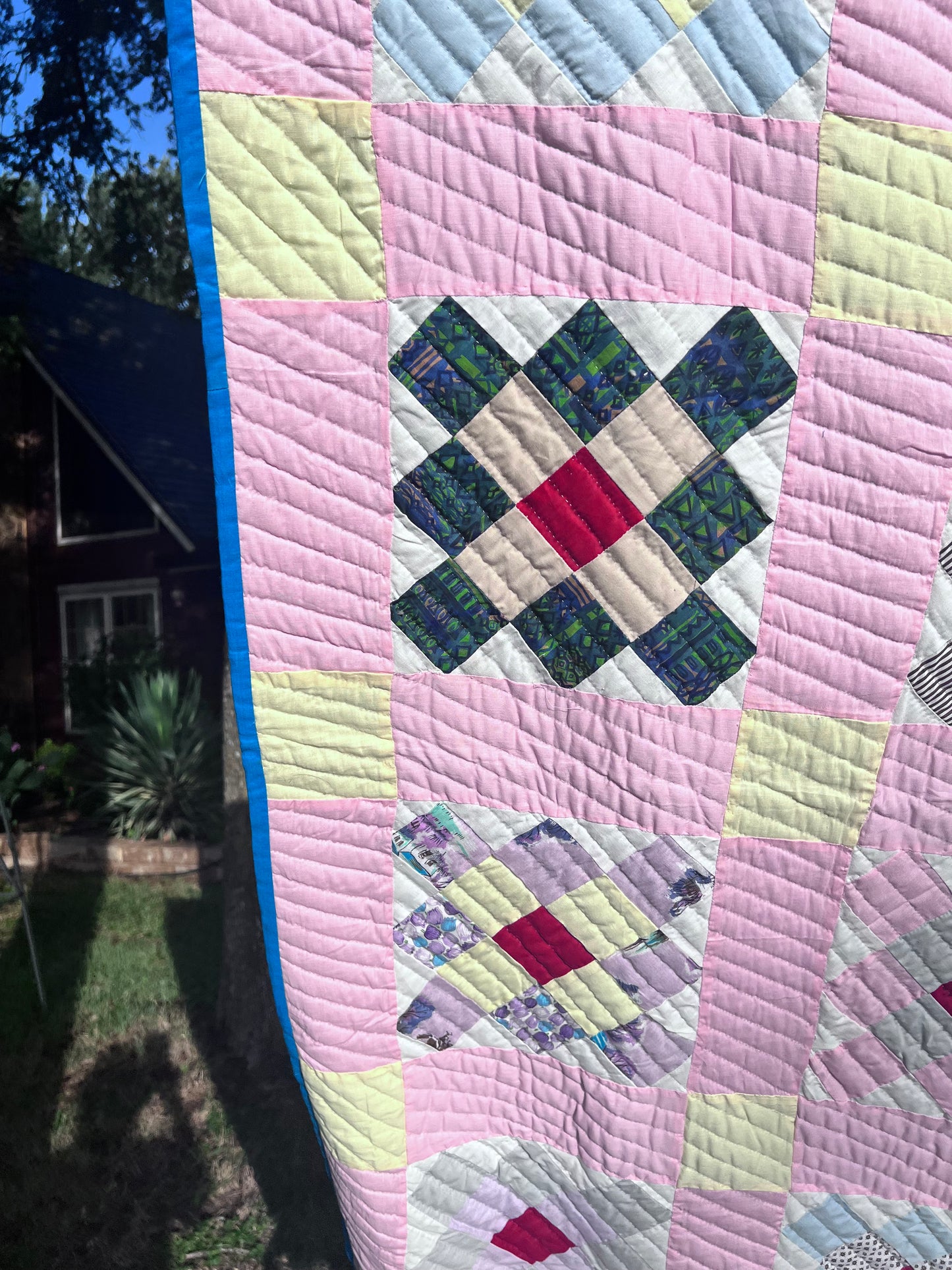 Gloriously Vibrant Vintage Single Irish Chain Quilt - Hand quilted, stitched and bound!