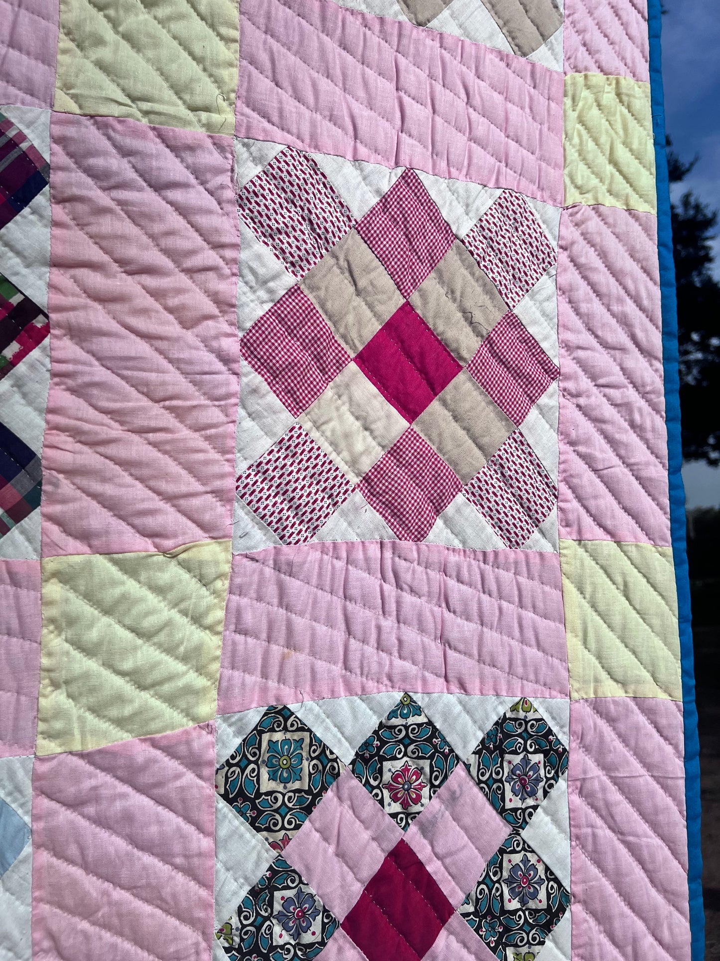 Gloriously Vibrant Vintage Single Irish Chain Quilt - Hand quilted, stitched and bound!