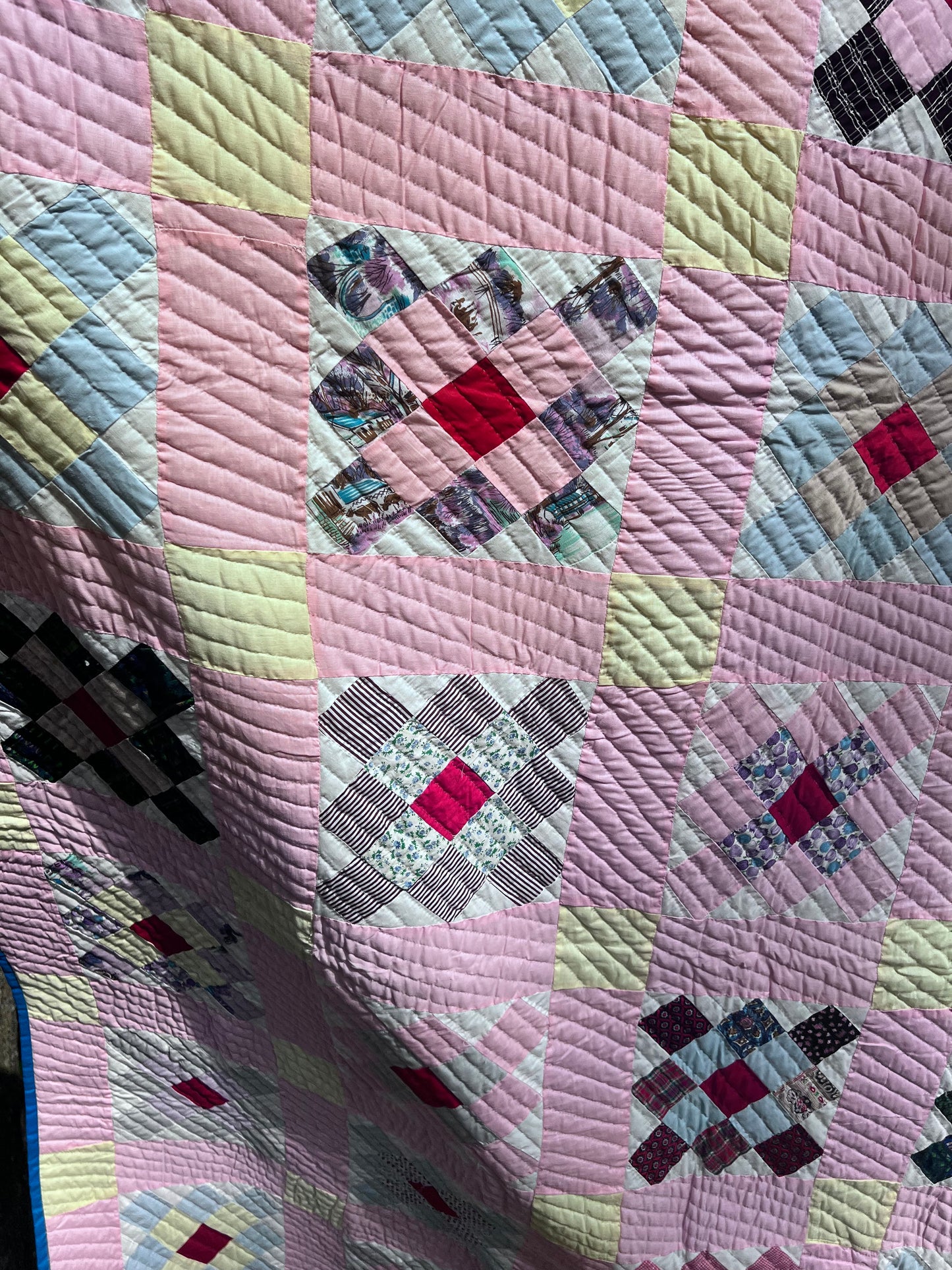 Gloriously Vibrant Vintage Single Irish Chain Quilt - Hand quilted, stitched and bound!