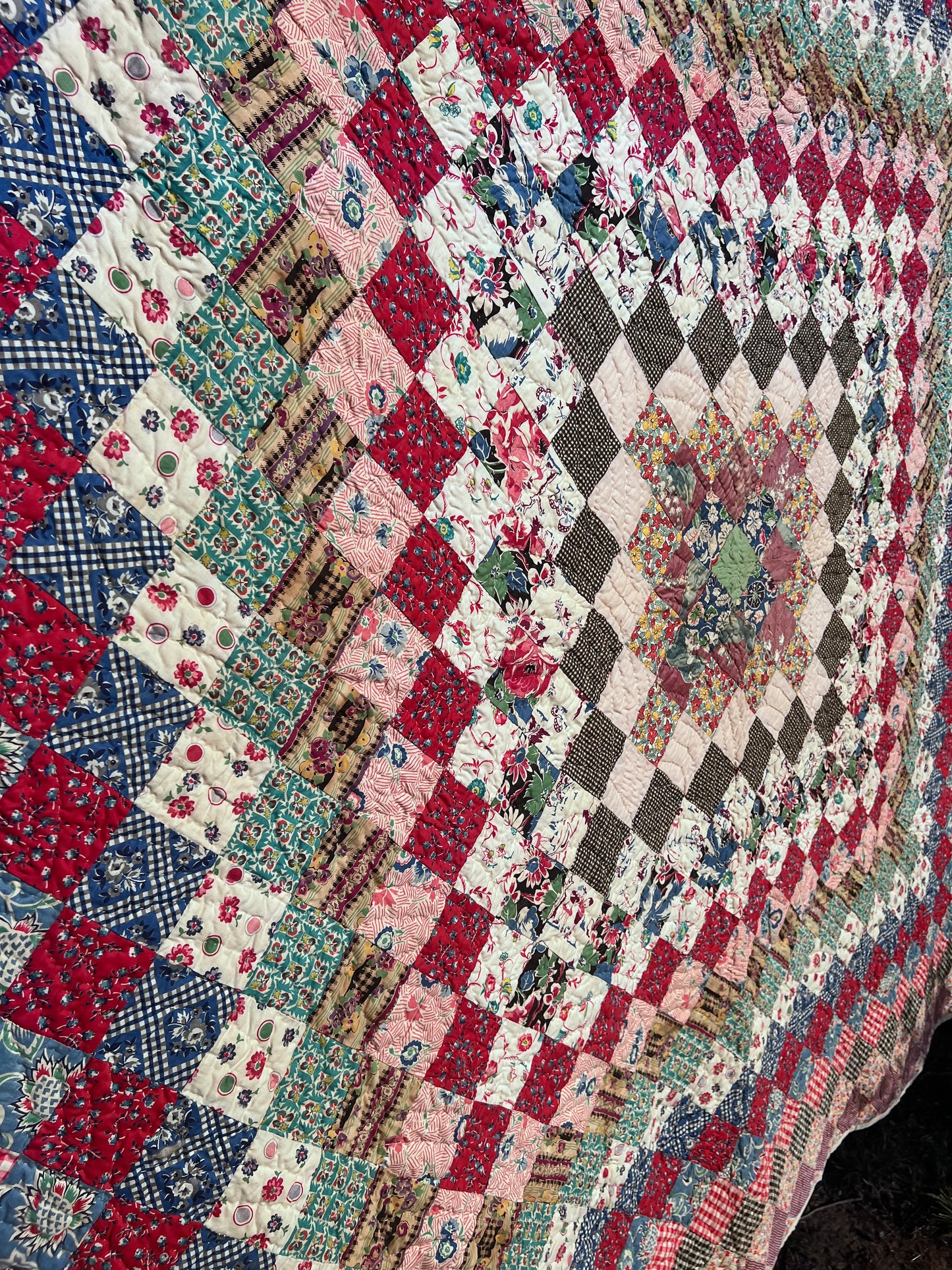 Breathtaking Pristine Antique Trip Around the World Quilt - Hand stitched, quilted and bound.