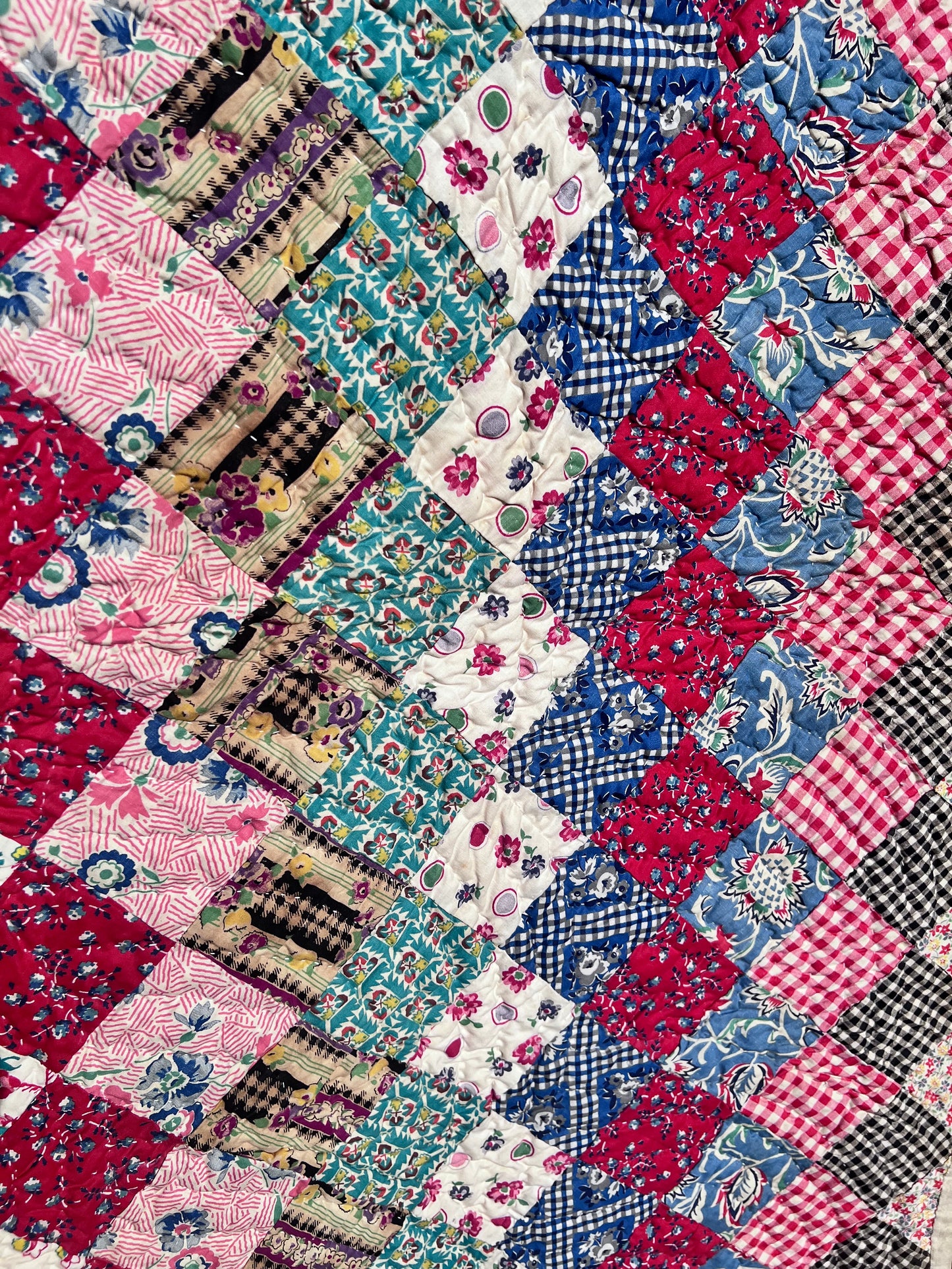 Breathtaking Pristine Antique Trip Around the World Quilt - Hand stitched, quilted and bound.