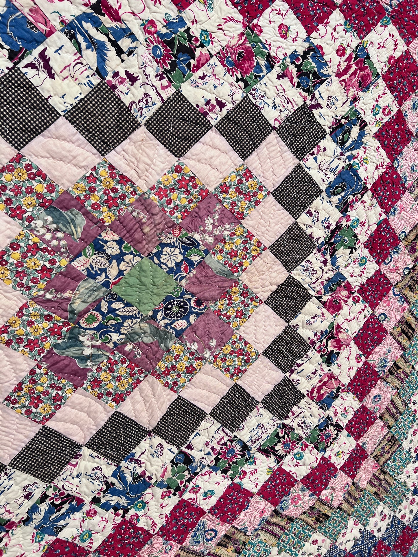 Breathtaking Pristine Antique Trip Around the World Quilt - Hand stitched, quilted and bound.