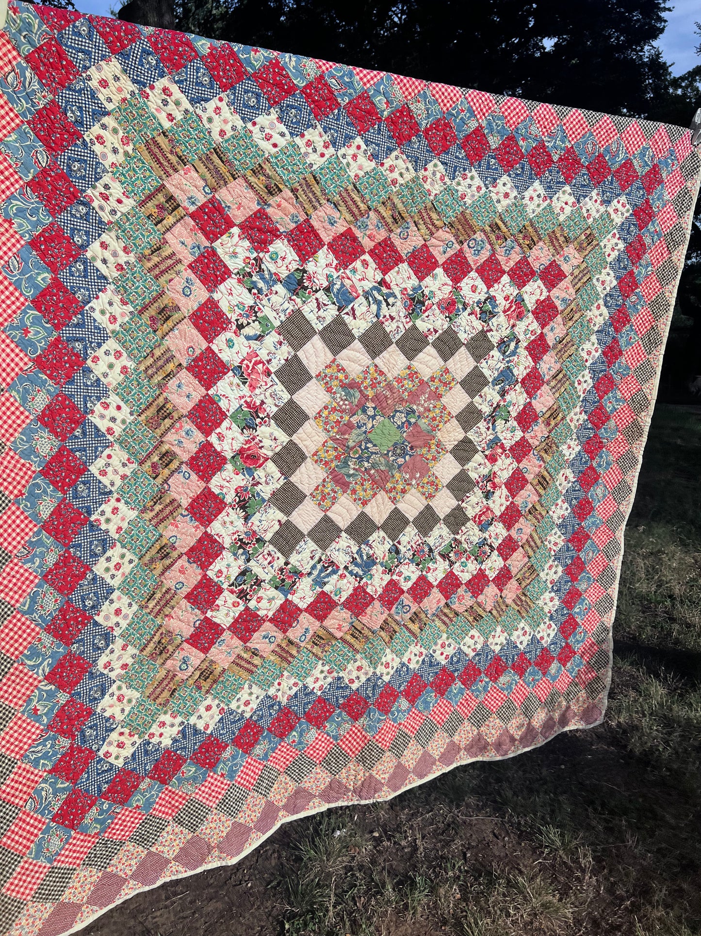 Breathtaking Pristine Antique Trip Around the World Quilt - Hand stitched, quilted and bound.