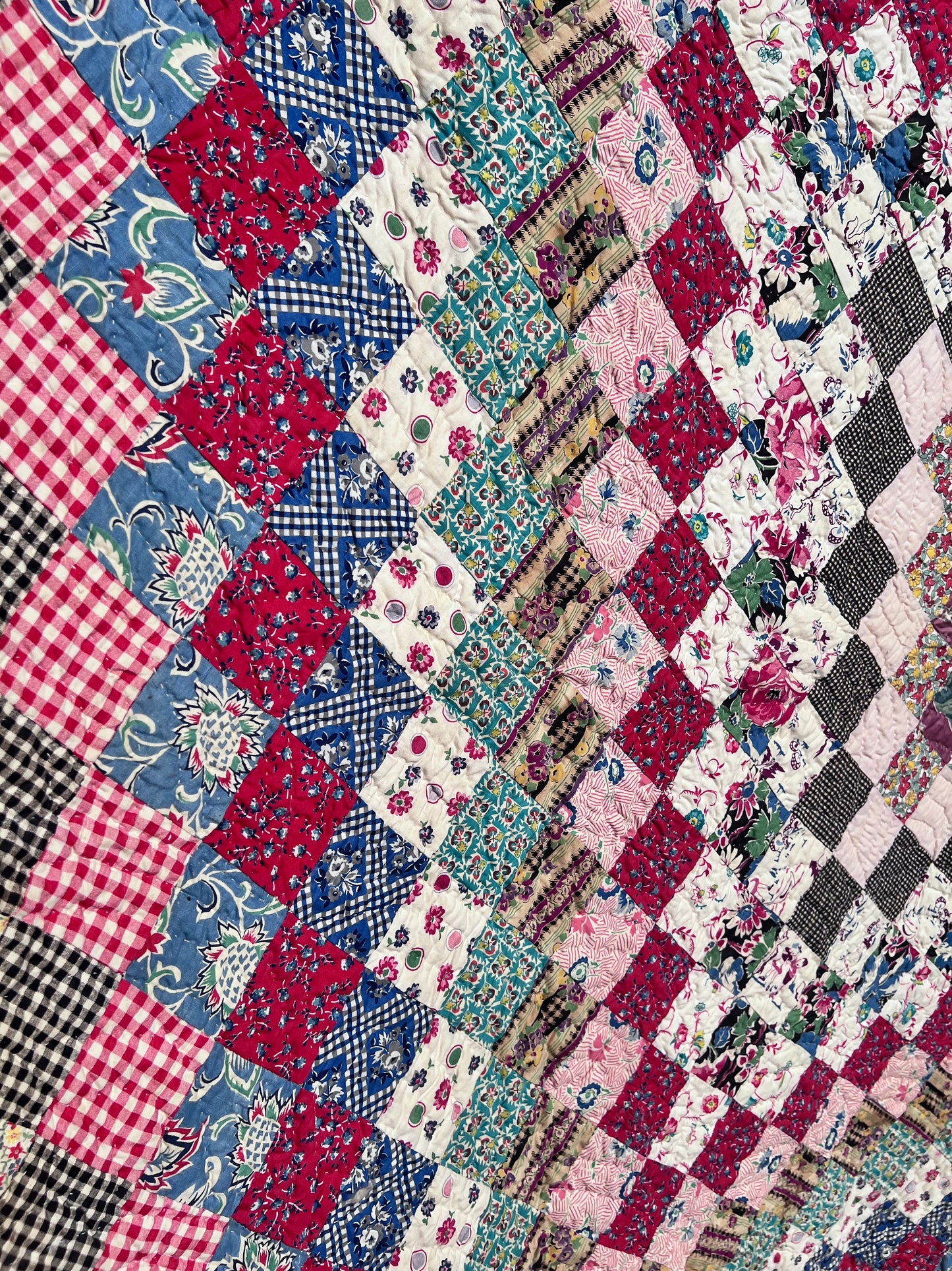 Breathtaking Pristine Antique Trip Around the World Quilt - Hand stitched, quilted and bound.