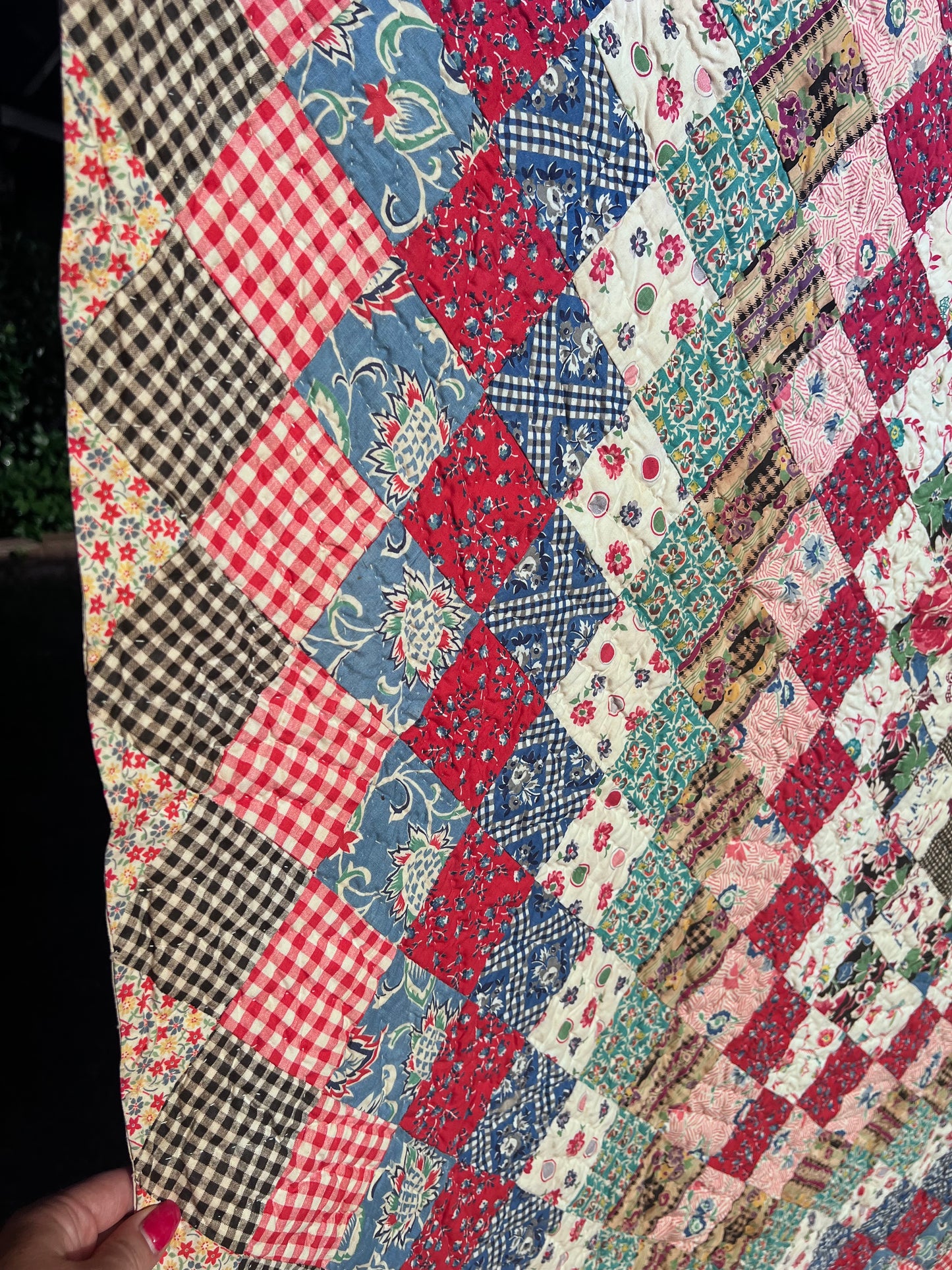 Breathtaking Pristine Antique Trip Around the World Quilt - Hand stitched, quilted and bound.